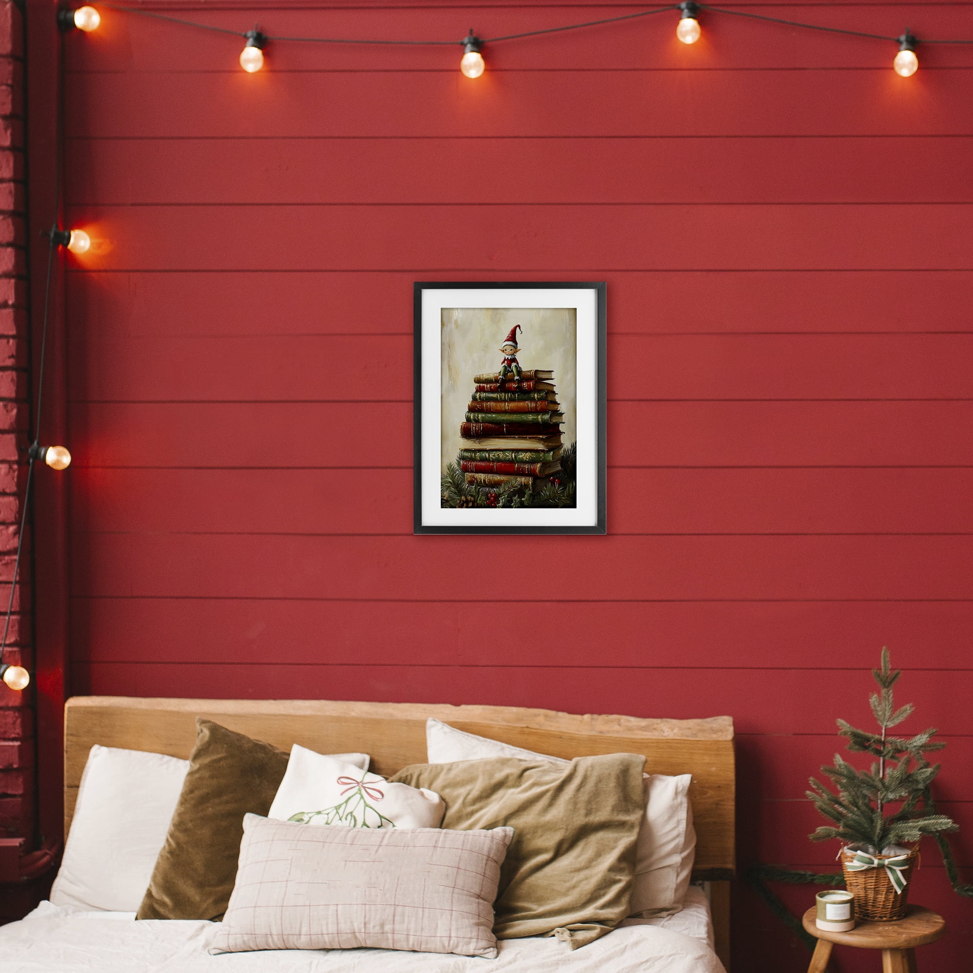 Christmas Elf Bookstack Black Framed Print Under Glass, design by Petal Prints Design