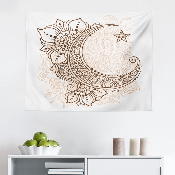 Half Moon Tapestry, Butterfly Pointy Petals Flower Dreamcatcher Inspired Arrangement, Fabric Wall Hanging Decor for Bedroom Living Room Dorm, 2 Sizes, Dimgray and White, by Ambesonne
