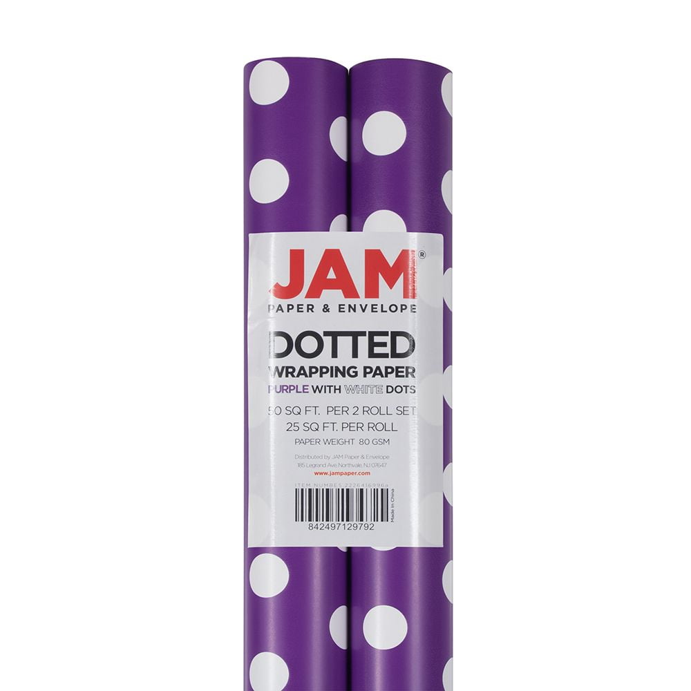 JAM Paper Polka Dot Wrapping Paper, 50 Sq. ft Total Purple & White, 2 Rolls