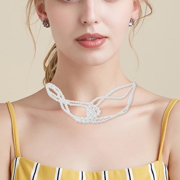 ELAYARD 2Pcs Elegant Layered Knotted Plastic Necklace and Bracelet Bridal Costume Jewelry Set White