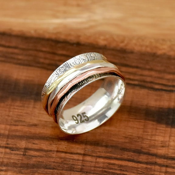 SS DESIGNS Spinner Ring, 925 Sterling Silver Ring, Two Tone Ring, Skinny Hammer Ring, Wide Band Ring, Textured Ring Triple Spinning Ring Anxiety Ring