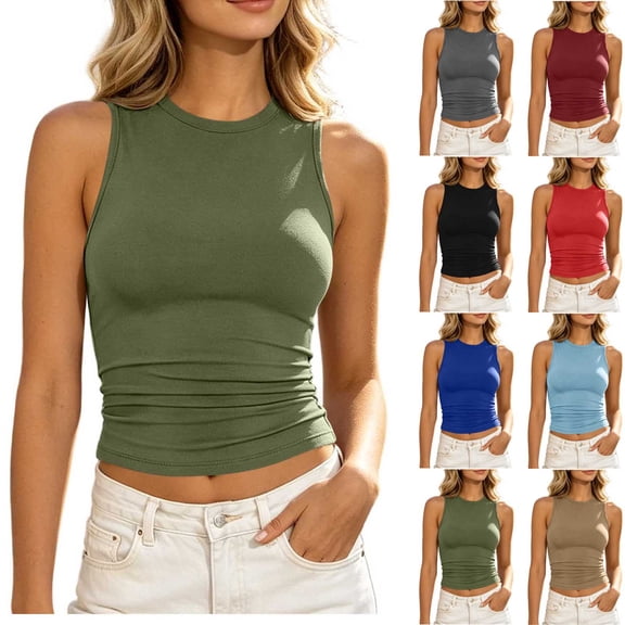 VBVC Women's Breathable Crew Neck Crop Tank Top, Ladies' Sleeveless Slim Fit Camisole, Casual Basic Stretchy Fitted Top For Women,Army Green,S-2XL