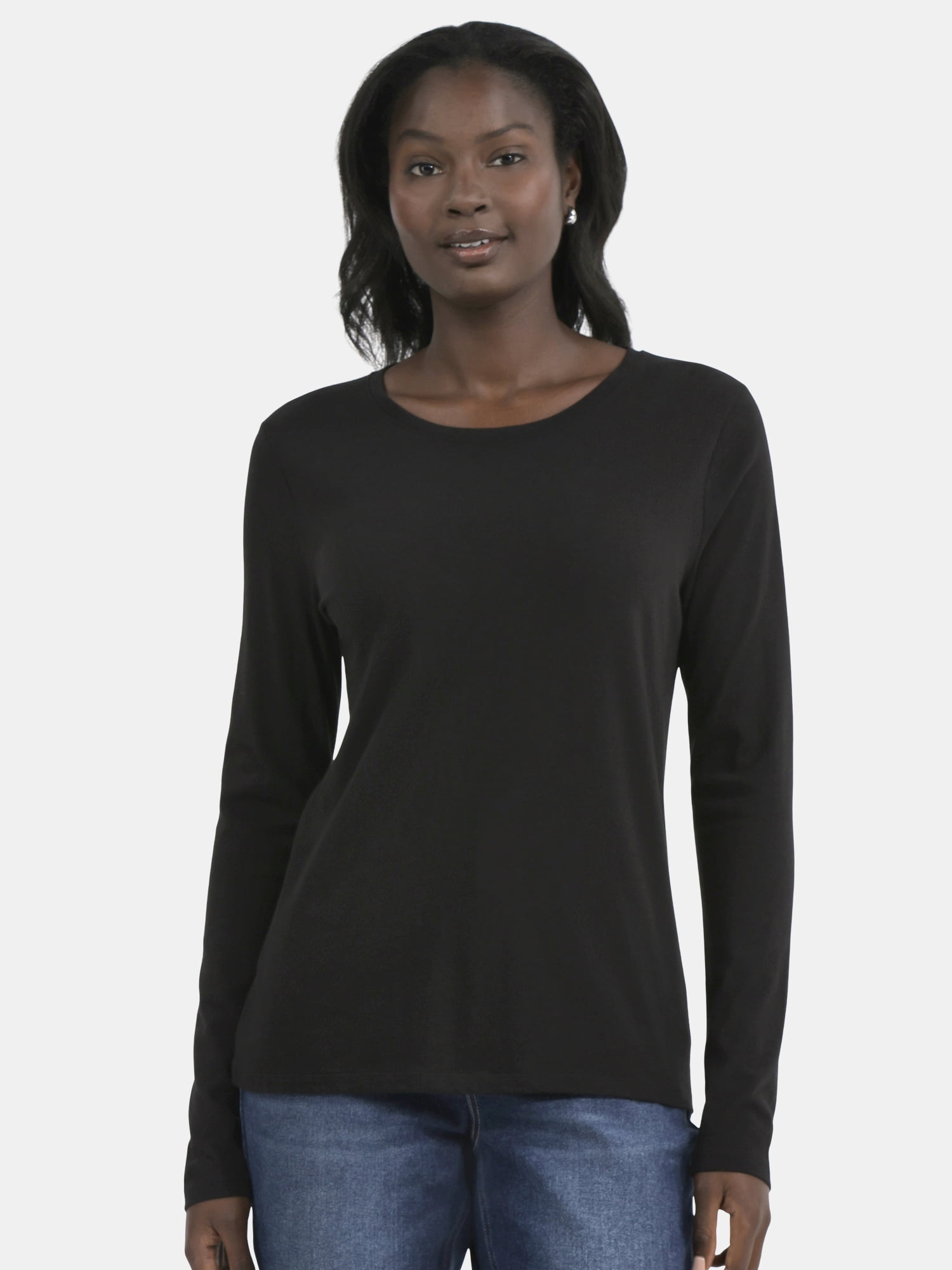 Time and Tru Women's Cotton Crewneck Tee with Long Sleeves, 2-Pack, Sizes XS-XXXL
