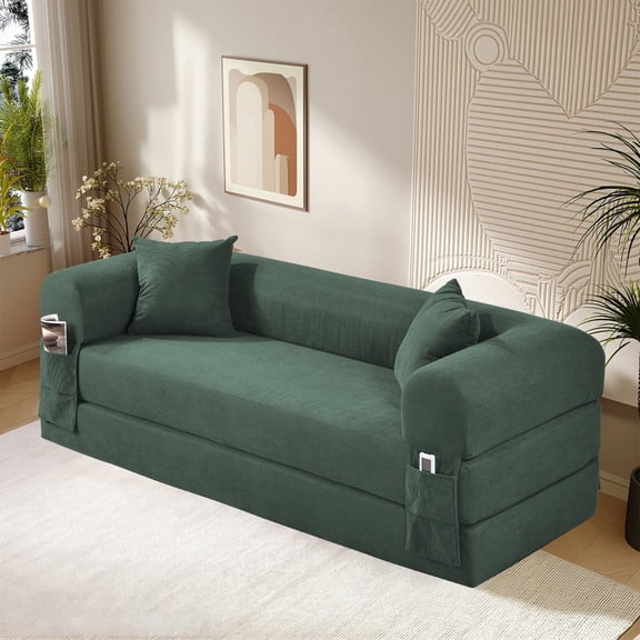 GJQ 30" Convertible Couch Bed Folding Loveseat Sleeper Sofa 3-Seater with 2 Pillows, for Living Room/Office /Flat(LGreen)
