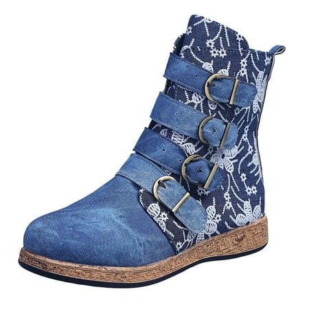 

Warm Shoes Zipper Keep Middle Embroidery Booties Retro Flat Round Toe Print Women Flowers Women s Boots Womens Thigh Boots Wide Calf Fashion Boots for Women Mid Calf High Heel