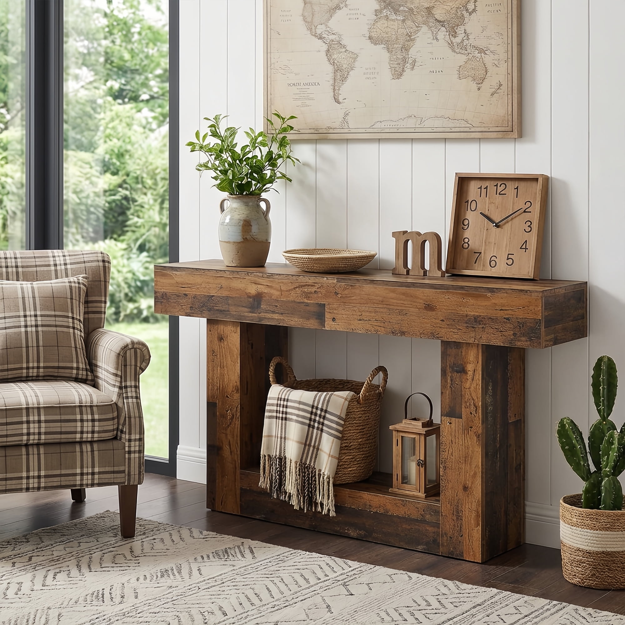 63" Farmhouse 2-Tier Console Table, U-Shaped Base Entryway Table, Narrow Wood Sofa Table Behind Couch for Living Room & Hallway (Mix Brown)