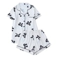 thumbnail image 2 of Women‘s Bow Print Loungewear Set | Satin Collared Top & Shorts Pajama Set | Short Sleeve Sleepwear for Home & Casual Outings(White,M), 2 of 3