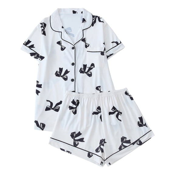 WAYUTE Shorts Sets Women 2 Piece Outfits Casual Stylish Printed Button Down Short Sleeved Shorts Loungewear Breathable Soft Homewear