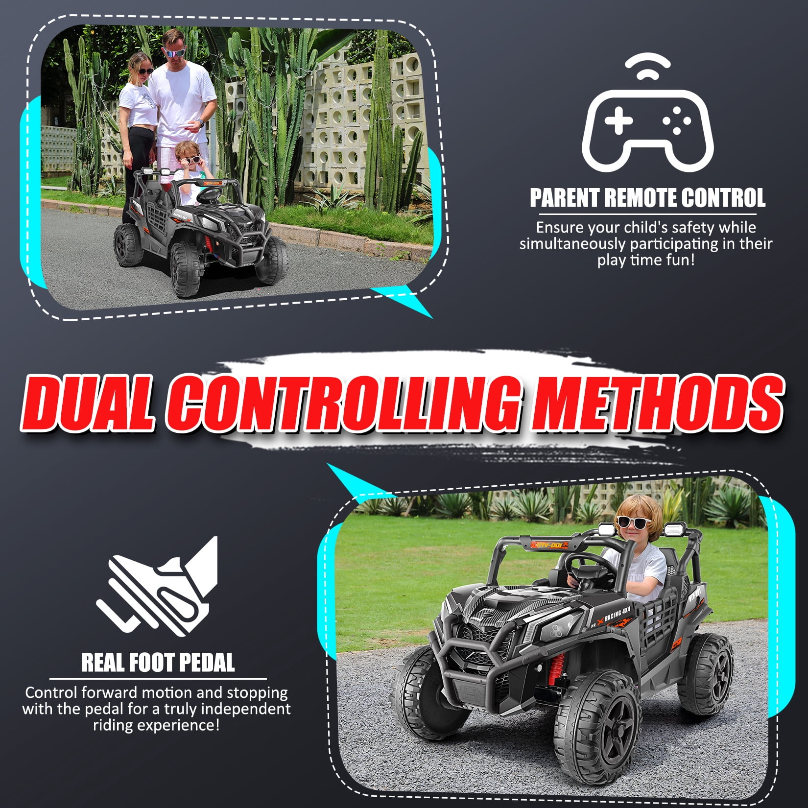 Funcid 24 Volt 2-Seater Ride on Toys, Ride on Cars with Remote Control, Metal Frame, 2 XL Electric Car for Kids, Power Car Wheels, UTV w/ Bluetooth, Music, 3 Speeds, Spring Suspension, Black