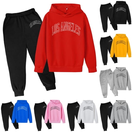 Krdevn Boys 2 Piece Fall Winter Outfit Front and Los Angeles Outline Print Hoodie and Jogger Pants Sweatsuit Set 4-5 Years Red