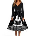 thumbnail image 4 of Halloween Dresses for Women Ghost Skeleton V Neck Hepburn 1950s Retro Tea Length Dress Long Sleeve Cocktail Funny Classic Dress with Belt M, 4 of 5
