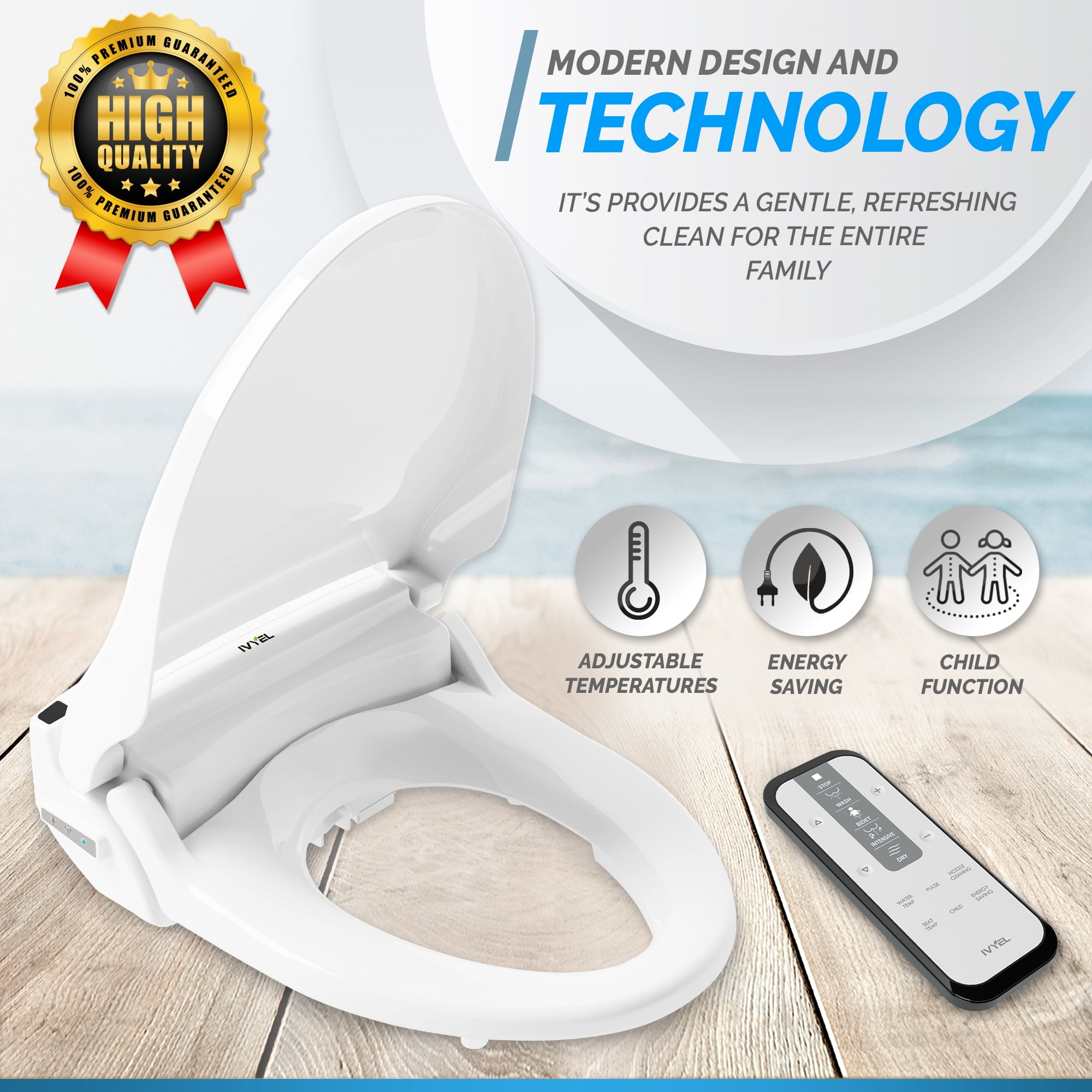 Ivyel GL-3 REM Smart Electric Bidet for Toilet Seat with Remote,For Round Toilets,Stainless Steel Self Cleaning Nozzle,Heated bidet Toilet Seat with Warm Water,Air Dryer,Intensive Wash