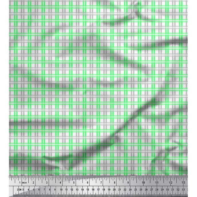 Soimoi Green Rayon Crepe Fabric Window Pane Check Printed Fabric 1 Yard 46 Inch Wide