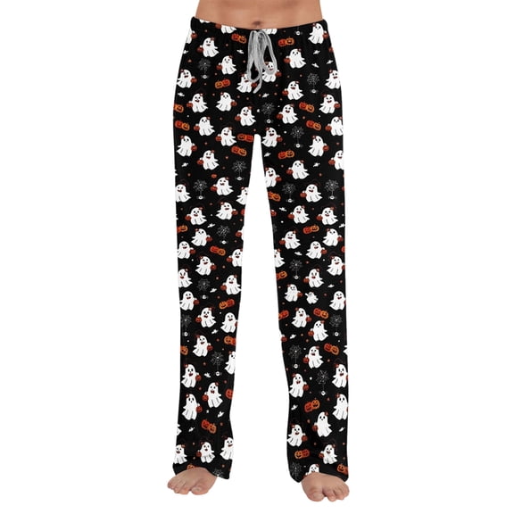 Halloween Pajama Pants Women's Drawstring Lounge Bottoms, Cute Ghost & Pumpkin Print Loose Fit Sleepwear Trousers, Soft Elastic Waist Leggings, 1 Pc Black L