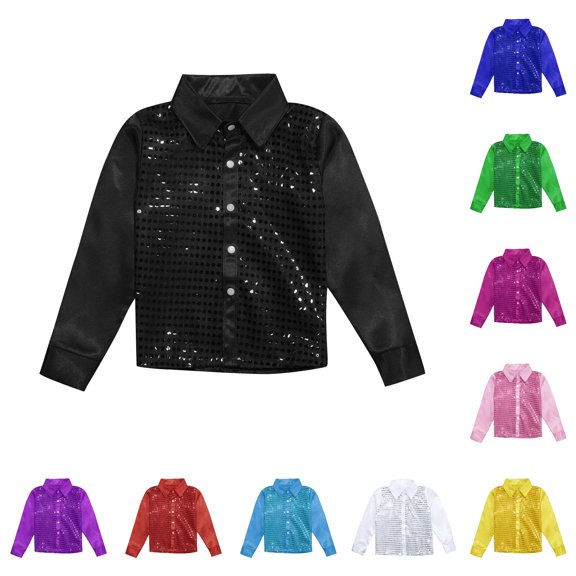 Boys Long Sleeve Performance Shirt with Sparkly Sequins, Button Down Stage Top for Dance Recital, Choir and Concert Events