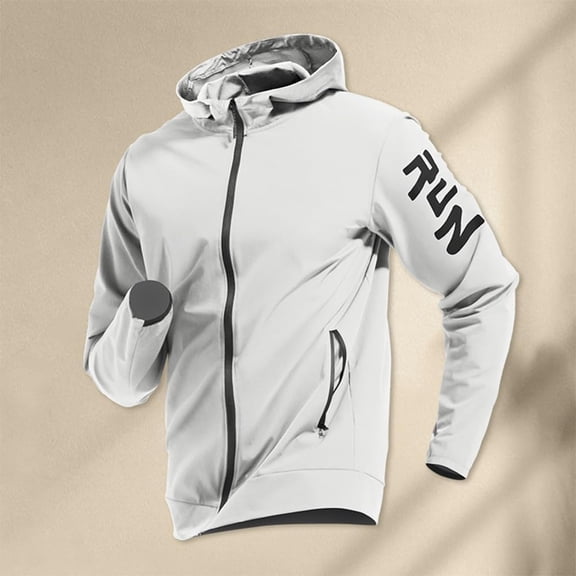 Lightweight Men's Hooded Jacket, Quick-Dry, Athletic, Full-Zip, Windbreaker for Sports, Gray