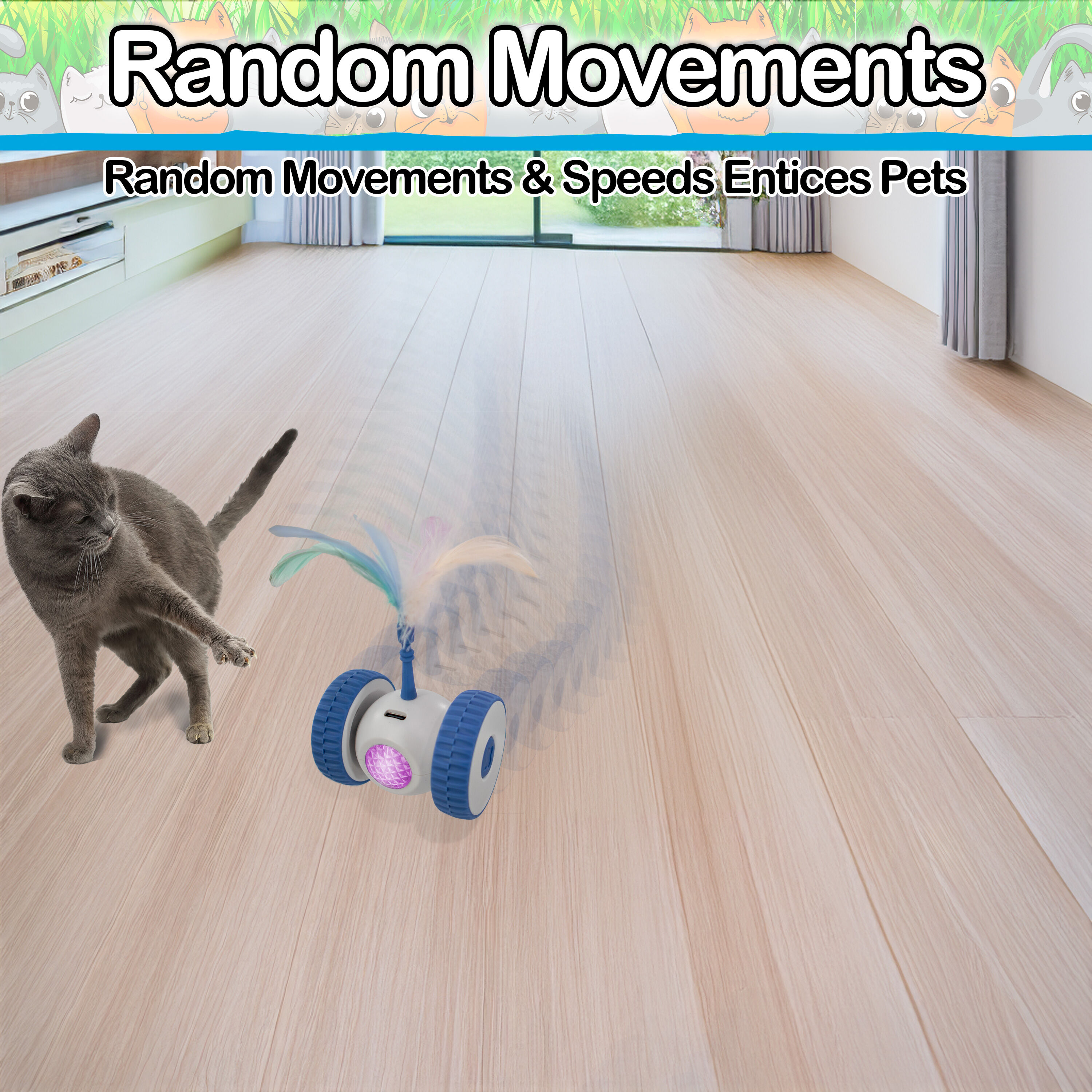 Interactive Cat & Dog Toy LED Lights, Wheels, & Moving Teaser Feather Wand - USB Rechargeable Automatic Moving Kitten Ball Toy for Exercise and Play