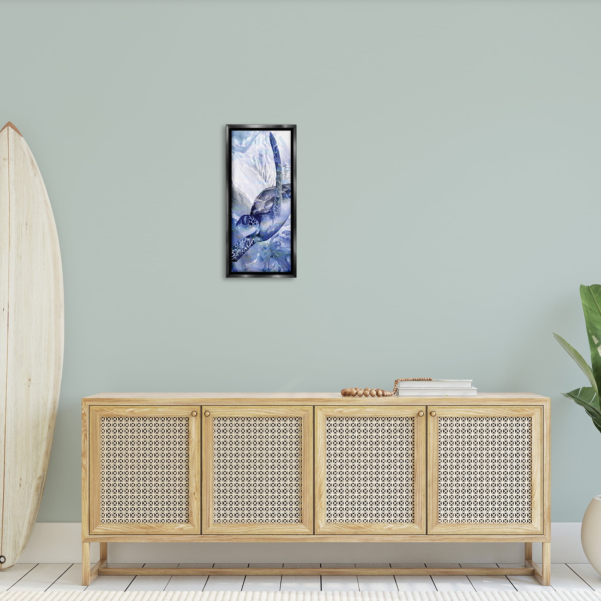 Stupell Industries Sea Turtle Swimming In Ocean Animals & Insects Painting Black Floater Framed Canvas Art Print Wall Art, 11 x 25