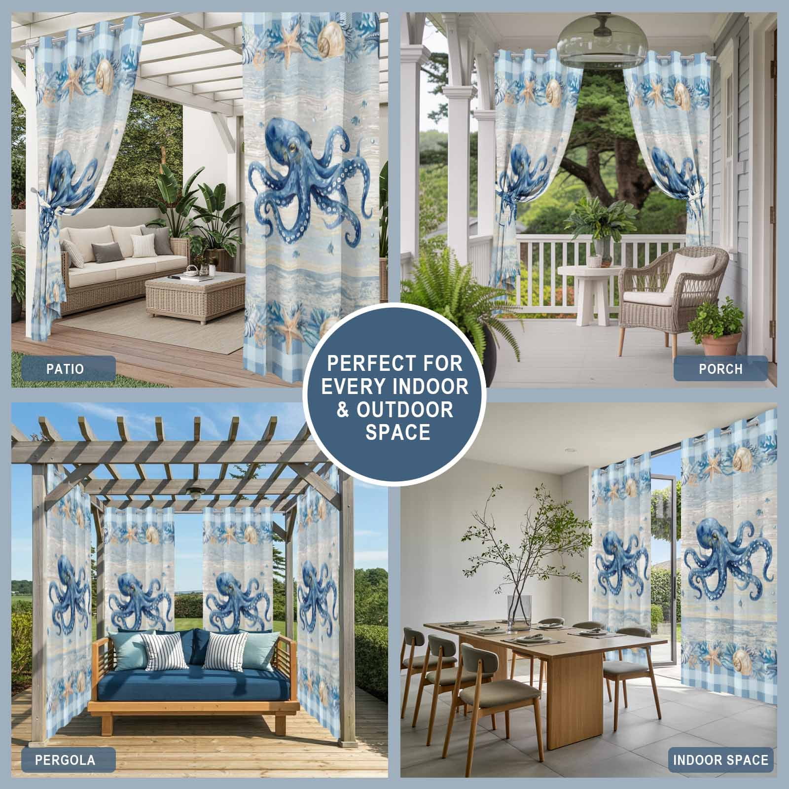 Blue Octopus Coastal Outdoor Curtains for Patio, Summer Starfish Beach Coral Shell Vintage Sunshade Privacy Drapes Grommet Waterproof Outside Curtains for Porch/Cabana/Balcony 54"x 108", 1 Panel