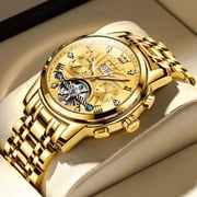 OLEVS Watch for Men Automatic Skeleton Tourbillon Mechanical Self Winding Business Luxury Dual Calendar Stainless Steel Luminous Waterproof Man Wrist Watches