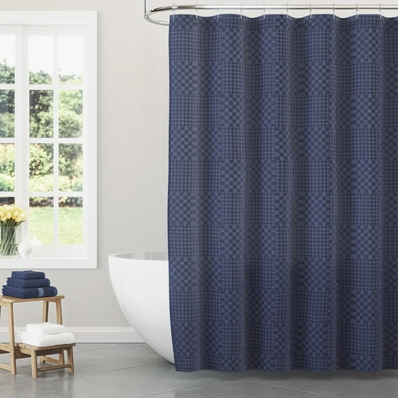 Beautiful Nightshadow Blue Check Matelassé Fabric Shower Curtain by Drew Barrymore, 72" x 72"