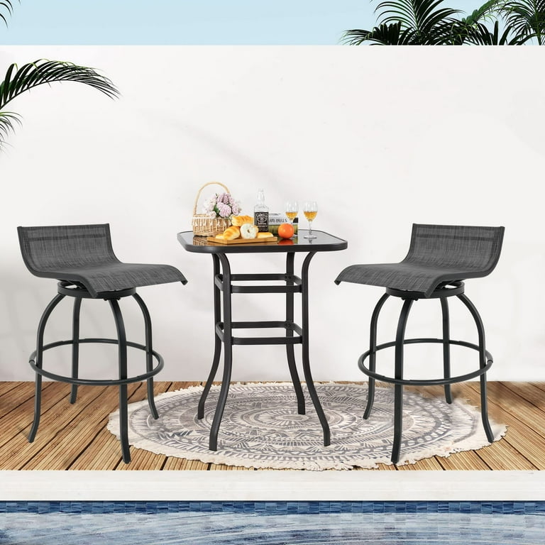 Bar Stools 32 Bar Height Outdoor Swivel Metal Seat with Back Set of 2 Chairs Textilene Grey