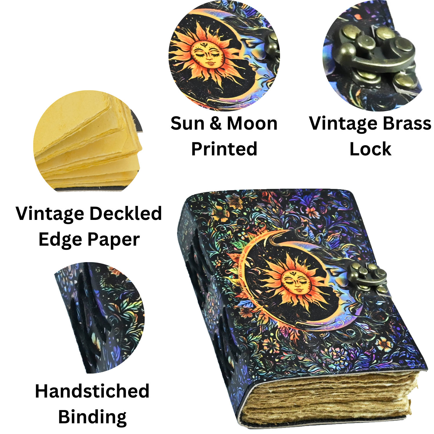 Sun & Moon Vintage Leather Journal for Men & Women 200 Pages of Antique Handmade Deckle Edge Vintage Paper, Leather Sketchbook, Drawing Journal, Printed Sun and Moon Journal , Great Gift (7 x 5 Inch)