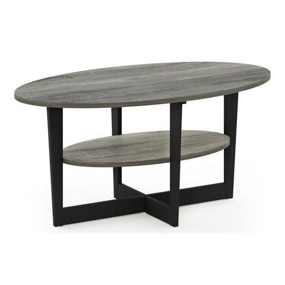 Pemberly Row Engineered Wood Oval Coffee Table in French Oak Gray/Black