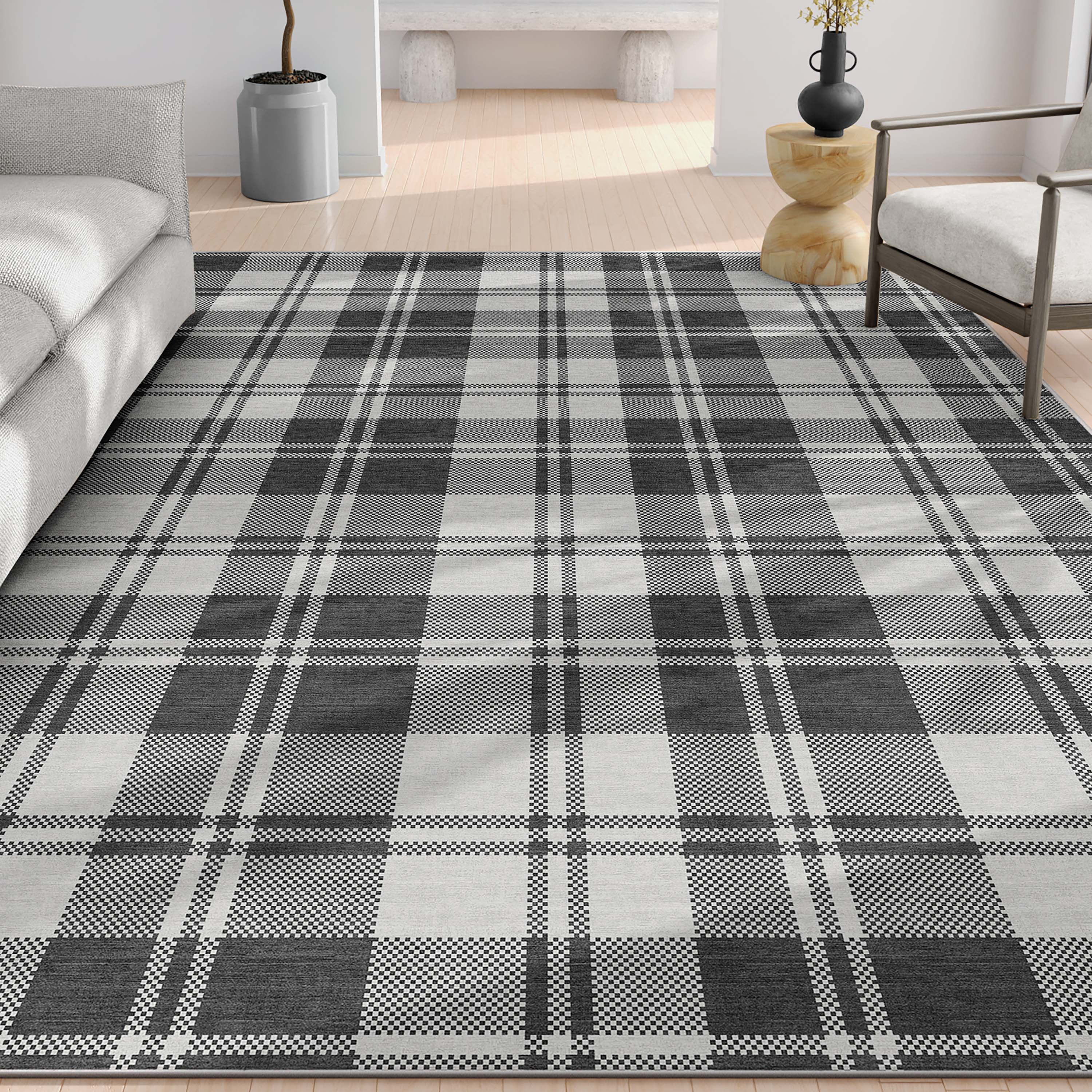 Well Woven Apollo Plaid Modern Dark Grey Flat Pile Easy to Clean 7'7" x 9'10" Area Rug for Living Room Dining Room Bedroom and Kitchen