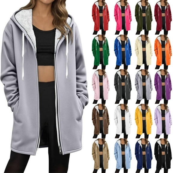 Horkkom Fleece Hoodie Women Winter Warm Zip Up Jackets Casual Solid Color Overcoats with Hood Drawstring Pockets L