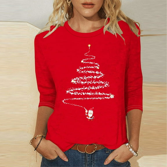 Royisotas Fall and Winter Womens Plus Size Tops Casual Christmas Long Sleeve Red Women's Shirts Loose Fit Crew Neck Blouse Tshirts