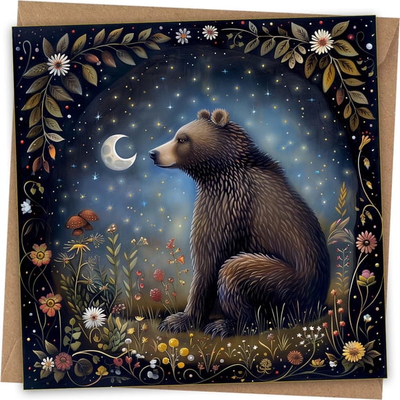 Tarjeta de felicitación de cumpleaños con forma de zorro, oso y luna, color morado, con sobre