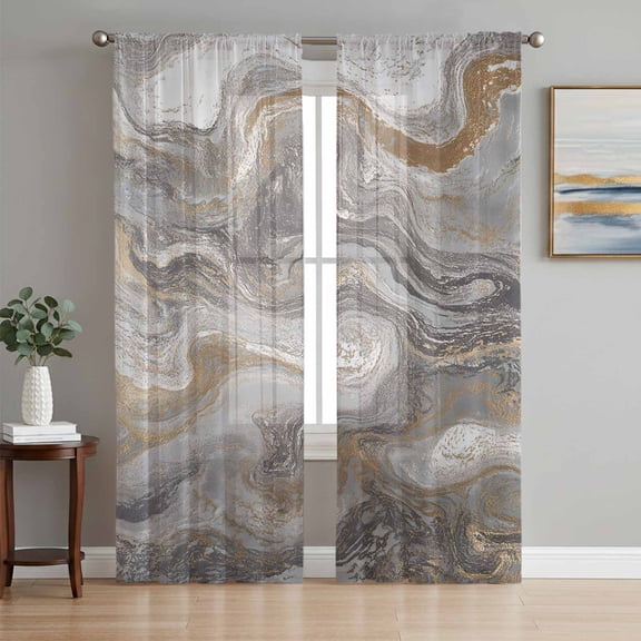 Gray Marble Semi Sheer Curtains 96 Inch Length 2 Panels Set, Farmhouse Vintage Abstract Ombre Texture Sheer Kitchen Curtain Privacy Voile Window Curtain for Living Room Bedroom Rod Pocket Drapes