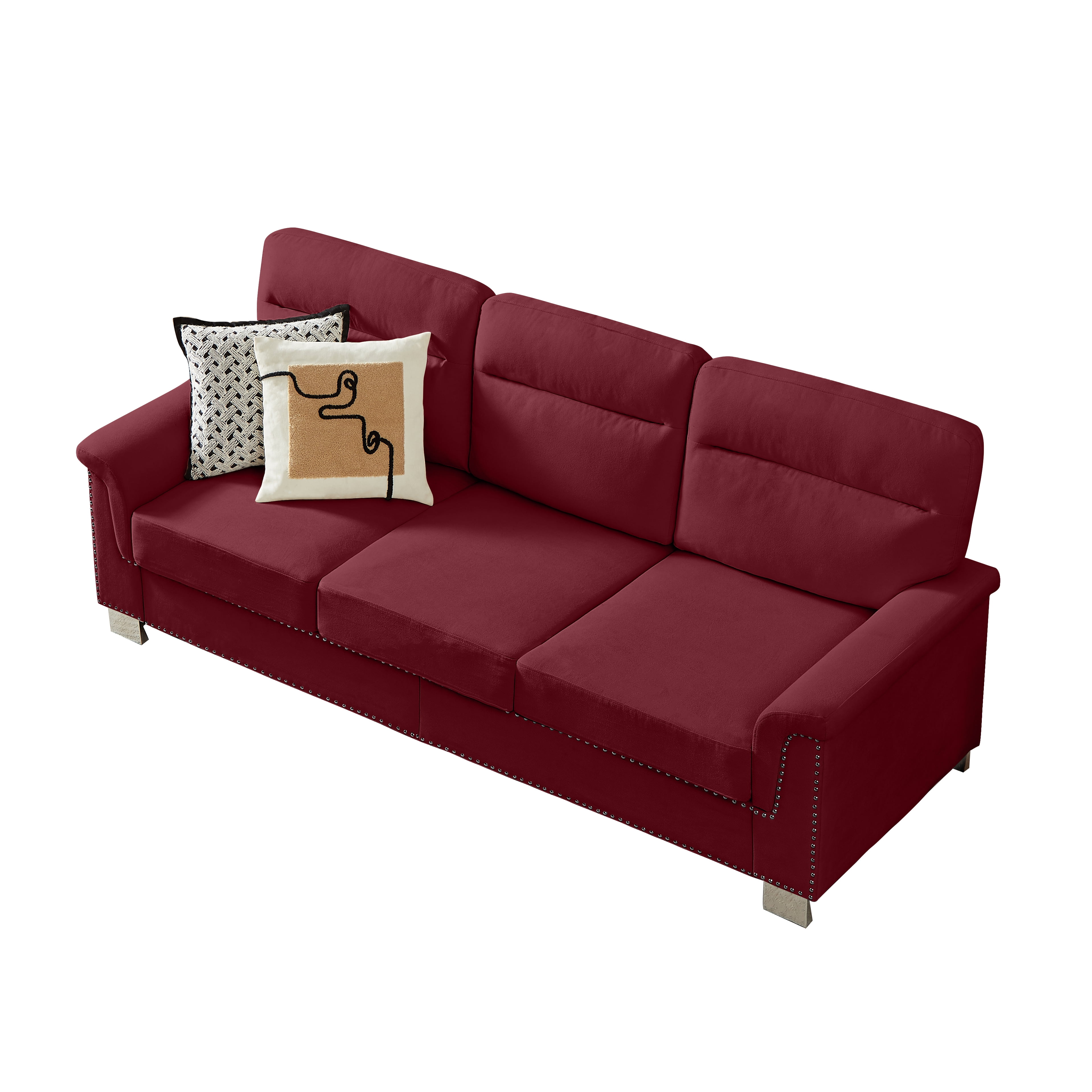 Sofa, 3 Seater Sofa, Couch, Compressed 82 Inch Modern Fabric Sofa with Snowfleece Upholstery and Curved Armrests for Living Room or Bedroom, Burgundy