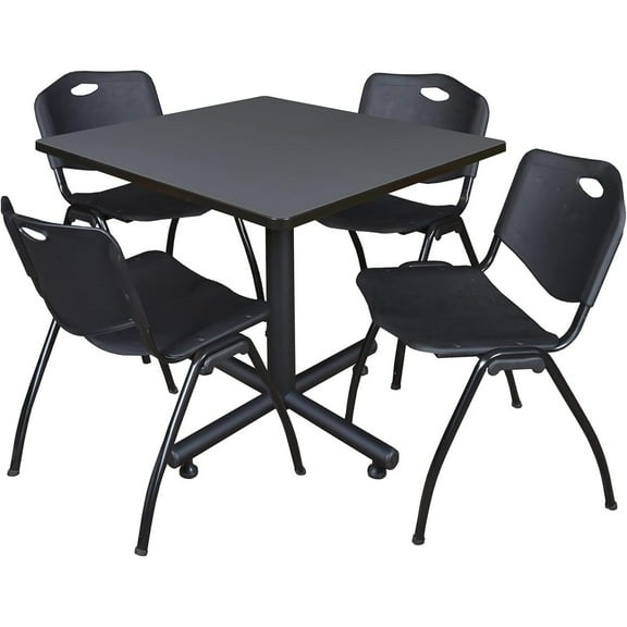 HomeStock Eclectic Exclusivity 36" Square Breakroom Table- Grey & 4 'M' Stack Chairs- Black, Ideal for Cafeterias, Dining, and Office Spaces