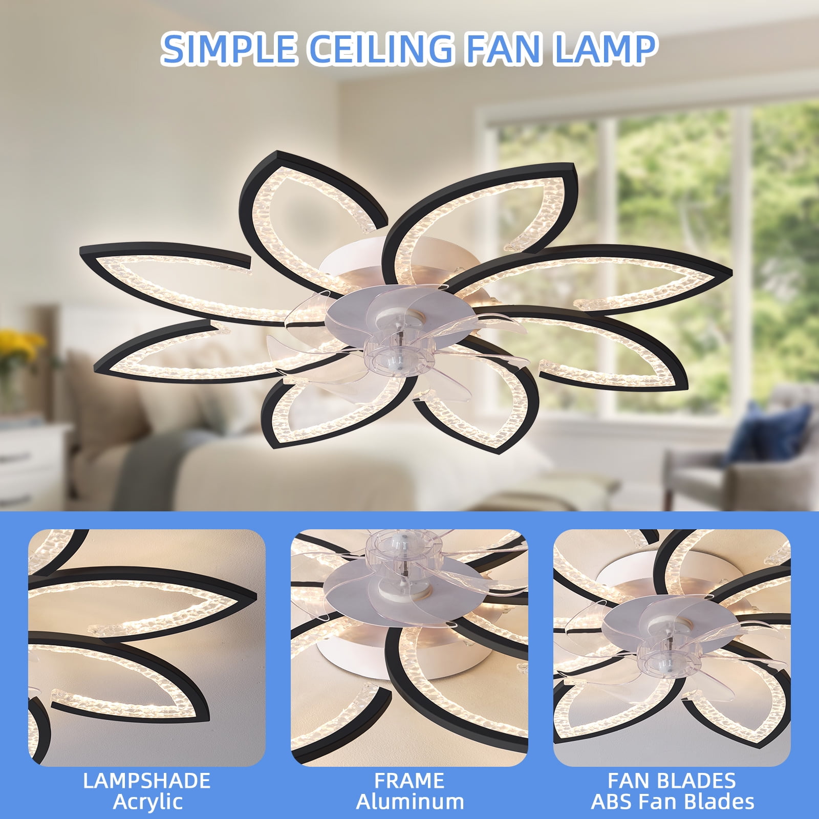 Mintazer 35.4" Modern Ceiling Fan with Remote Control, Modern Dimmable Flower Shaped, 6-Speed Adjustable 3-Color Temperature LED Lights with Fan for Bedrooms & Living Rooms