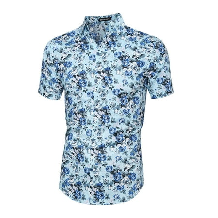 Fleur Button Front Shirt - Men's Short Sleeves Button Front Flower Print Shirt Light Blue (Size XL / 46)