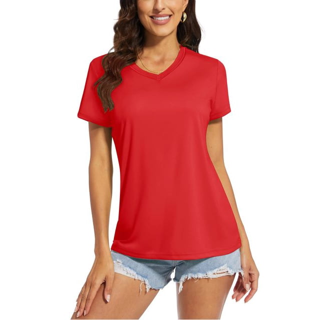 OUSITAID UPF 50+ T-shirts d'Été à Manches Courtes Col en V T-shirts de Protection Solaire pour Femmes Séchage Rapide Randonnée Course Hauts