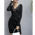 thumbnail image 2 of Vestido tipo suéter ajustado de manga larga, de color puro y moderno para mujer, talla L, vestido de punto con escote en V y encaje negro, 2 of 5