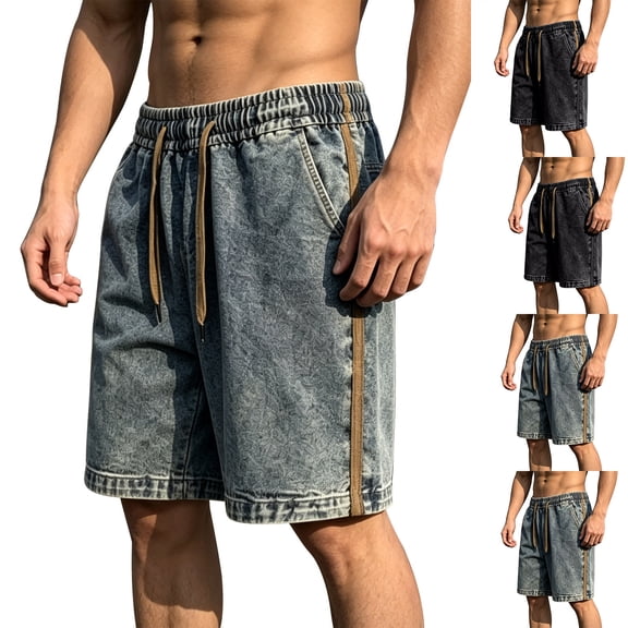 ZRGHAOYLQ Denim Shorts for Men Casual Button Front Patchwork Cargo Shorts Knee Length Summer Lightweight Relaxed Fit Streetwear for Daily