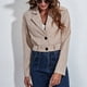 thumbnail image 3 of Chaqueta corta de pana de manga larga con botones en la parte delantera y cuello vuelto para mujer con cinturón Caqui M, 3 of 8