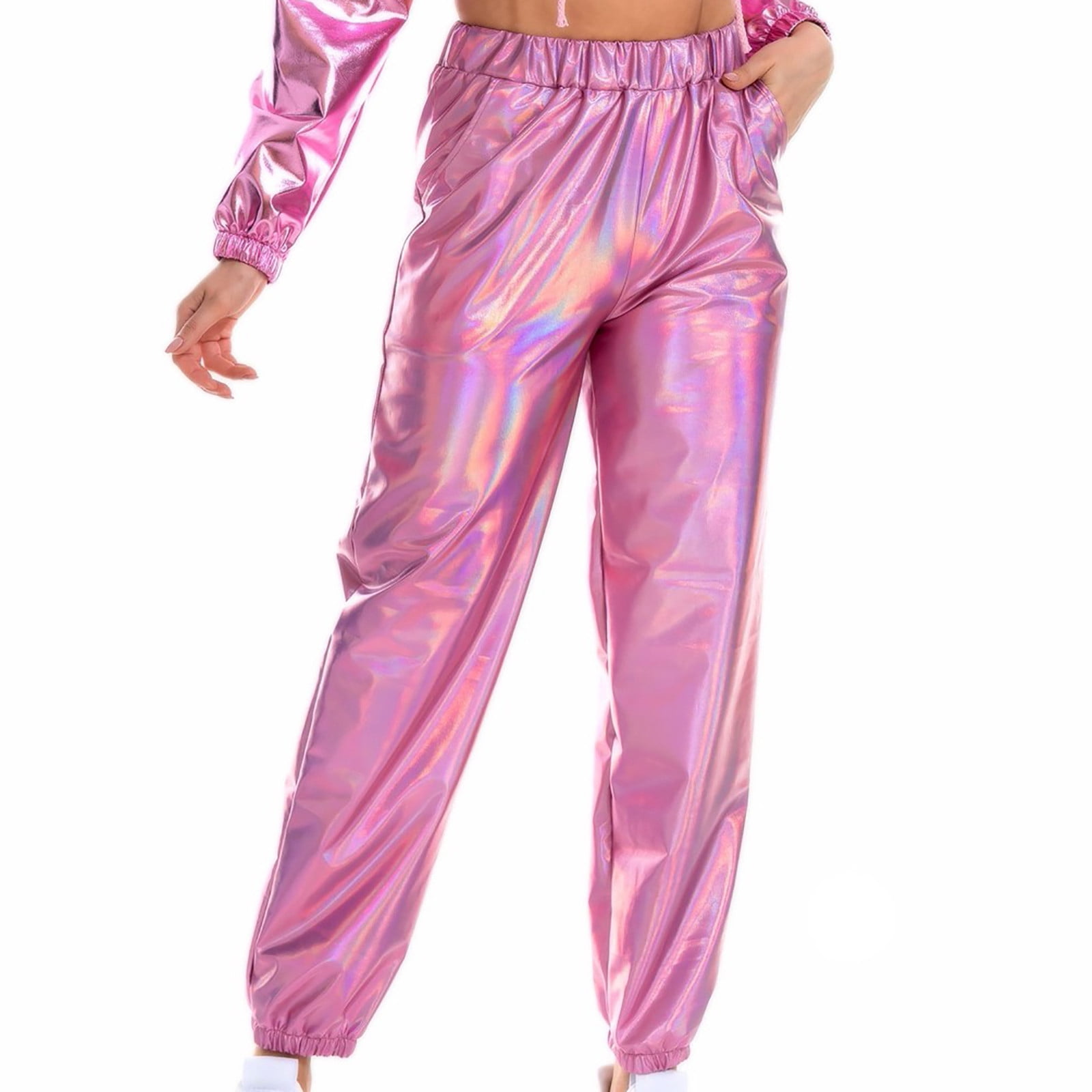 Womens Shiny Metallic High Waist Stretchy Jogger Pants Hip Hop Club Wear Holographic Trousers Sweatpant