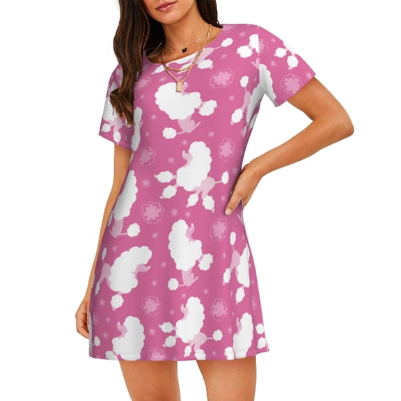 Cotton Nightgowns for Women - Cute Poodle Dog Pink Sleep Shirts for Women's Nightgowns & Sleepshirts, Soft Cotton Pajama Dress Shirts for Women, House Dress Sleepwear for Women
