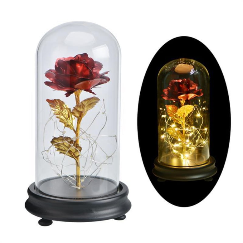 Rose Night Light in Enchanted Rose Elegant Glass Dome Pine Base Surprise Gift