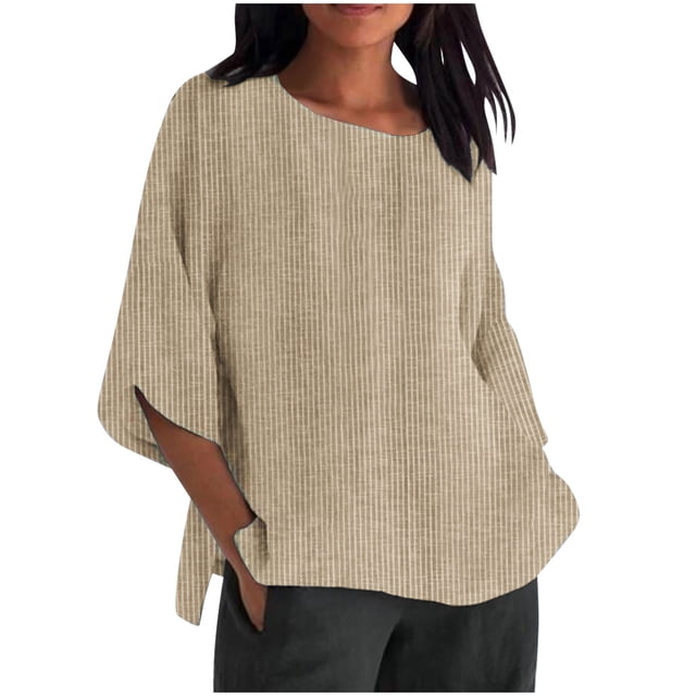 VSSSJ Blouse d'Été pour Femmes à Rayures Col Rond Coupe Décontractée Manches 3/4 Coton Confortable T-Shirt Décontracté Beige TG