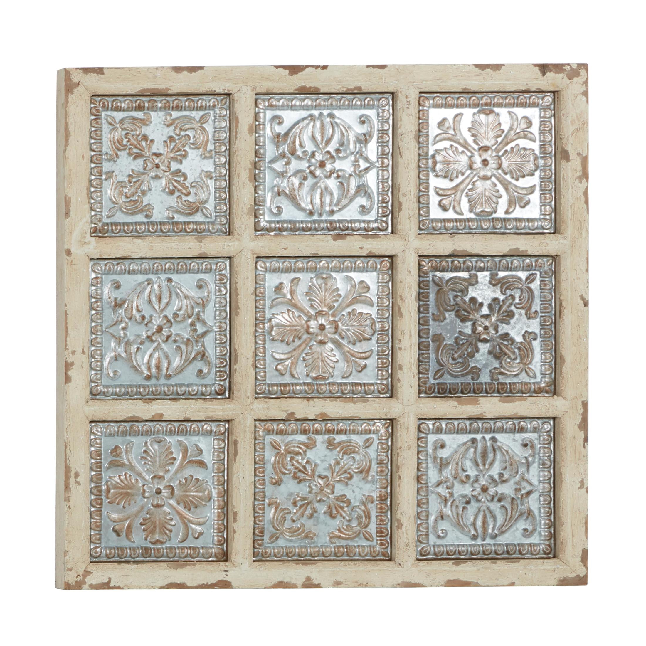 DecMode Gray Metal Embossed Floral Wall Decor with Distressed Cream Frame