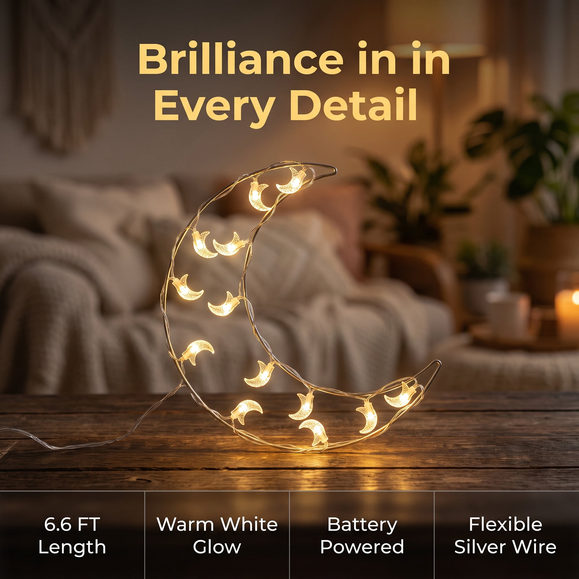 Unique Bargains Moon Fairy Lights for Decor 6.6 ft Warm White Battery Operated