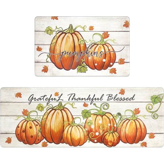 Pumpkin Anti Fatigue Kitchen Rugs Sets 2 Piece Seasonal Fall Holiday Party Vintage Farmhouse Kitchen Rug Runner Set Non Slip Cushioned Comfort Standing Desk Mat for Home Office Orange