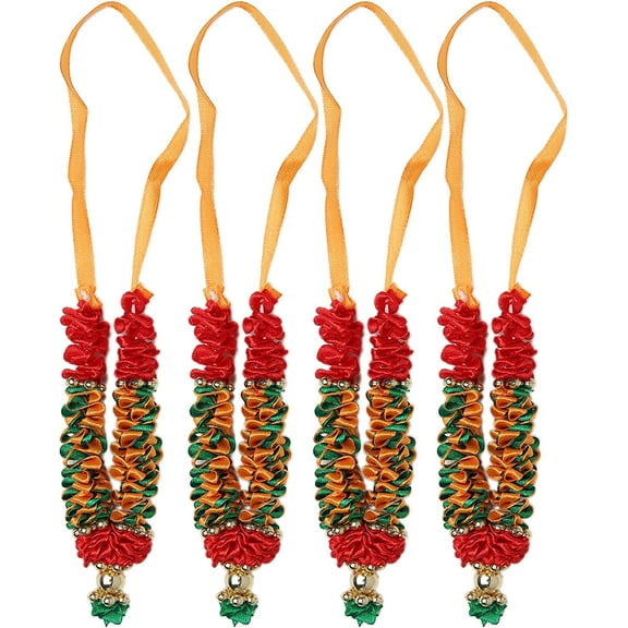 Set of 4 Red Green Artificial Flowers Ribbon Garland Haar Mala for Idol-Mala for God, Diwali Pooja Sringar Articles Ornament (Size 4")