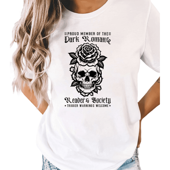 White Book Lover Skull Rose Print T-Shirt Graphic Tees Shirts Dark Romance Gift S-5XL Mystical Tops